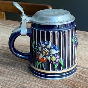 Vintage lidded German stein Bavarian pewter lid 1954 edelweiss